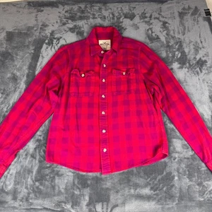 Hollister Damen kariertes Hemd mit Knopfleiste XL rosa lila Flanell Baumwolle Taschen - Bild 1 von 10
