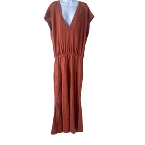 Free People Beach Size Large Orange Pleated Maxi Sundress with V-Neck Beach Boho - Picture 1 of 12