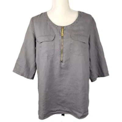 ELLEN TRACY Top Popover de Lino Dorado Cremallera Borla Bolsillos Manga con Pestaña Enrollable Gris M Foto 1 de 4