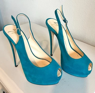 Giuseppe Zanotti Platform Stiletto High Heel Women’s Size 37 Suede Teal Peep Toe - Image 1 of 4