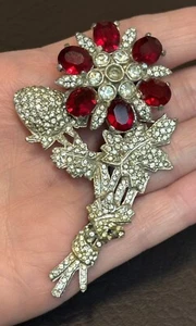Vintage 30’s - 40’s Deco Red & Clear Strass Flower Floral Bouquet Brosche Coro? - Bild 1 von 12