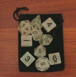 New 16mm GLOW-IN-THE-DARK GREEN rpg d&d Dice Set 7+3d6=10 polyhedral die + bag - Bild 1 von 2