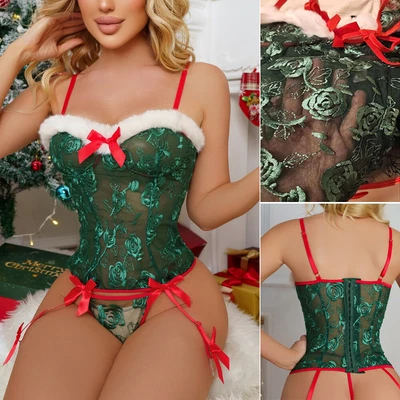 Sexy Conjunto de Navidad para Mujer, Disfraz de Papá Noel Elfo de Navidad, Lencería Liga Sra. Claus Foto 1 de 4