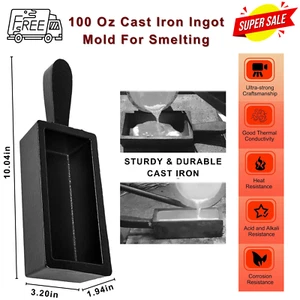 100 Oz Cast Iron Ingot Mold for Smelting, Pouring, Melting Gold, Silver, Copper - Picture 1 of 10