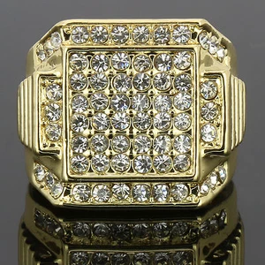 Mens 14k Gold Plated Hip Hop Style 6 Square Ring Cubic-Zirconia - Picture 1 of 4