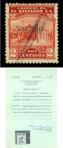 EL SALVADOR 1927 OFFICIALS  Gymnasium 2c red Sc# O353 used INVERTED ovpt. w/Cert - Picture 1 of 4