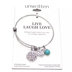 Unwritten Stainless Steel Expandable Bangle Bracelet Love Laugh Faux Turquoise - Picture 1 of 4