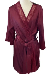 ADOME Short Wrap Robe Women's L Red Satin Lace Trim Silky Sexy Valentine's Day - Picture 1 of 11