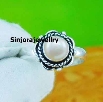Anillo de regalo hecho a mano de plata de ley 925 con piedras preciosas de perlas talla 5 a 10 de EE. UU. Foto 1 de 4