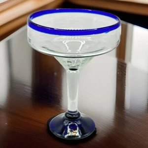 Large Heavy Clear Margarita Glass Hand Blown Blue Rim & Base 16 oz - Picture 1 of 22