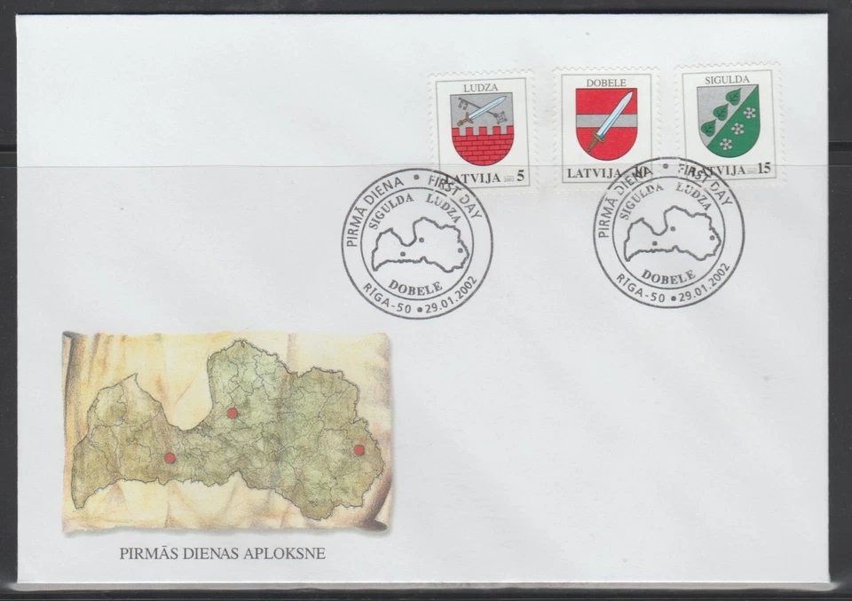 LATVIA FDC 2002 Definitive issue, Regions of Latvia - Sigulda, Ludza, Dobele - Image 1 of 1