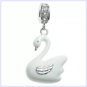 Rhodium on Sterling Silver White Swan Enamel CZ Bead for European Charm Bracelet - Picture 1 of 1