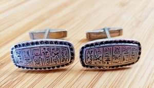 Vintage Silver Black Niello Egyptian Hieroglyphs Cufflinks - Photo 1 sur 9