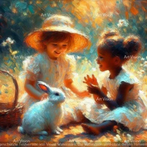 Impressionismus - Mädchen spielen mit Hasen - Original auf Leinwand 60x60cm 2024 - Bild 1 von 1