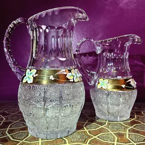 Caesar Crystal Bohemiae Hand-Cut 24% Lead Crystal Pitchers Czech Gold Floral Set - Picture 1 of 10