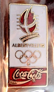 OLYMPICS "ALBERTVILLE 92 COCA-COLA" PIN WITH 5 GOLD OLYMPIC RINGS, NOT COLORED - Picture 1 of 6