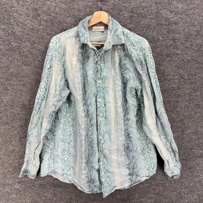 Caribbean Shirt Men M Medium Blue Striped Button Up Collared Linen Long Sleeve - Image 1 of 4