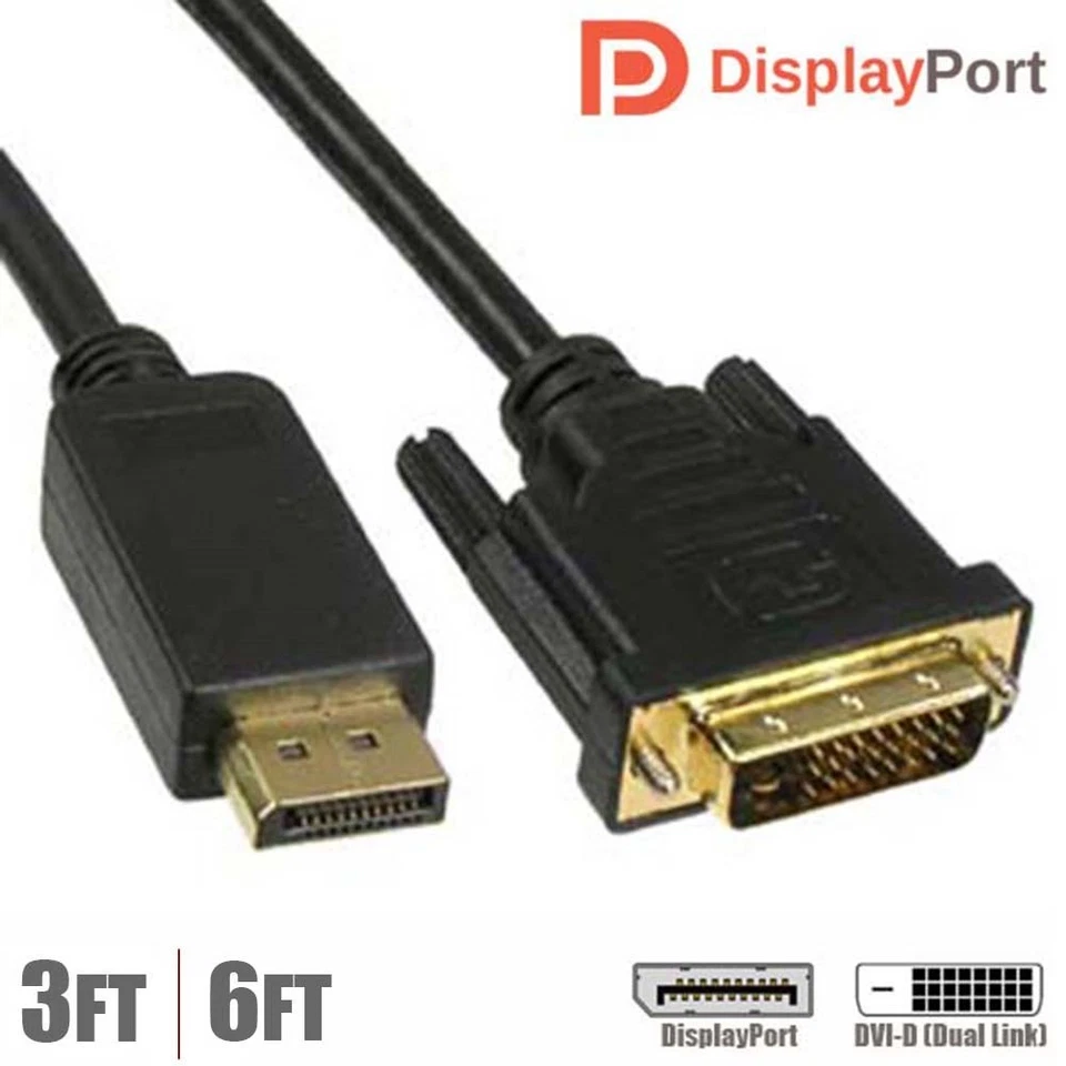 3 6 15 FT Display Port DP Male to DVI-D Dual Link Male Cable Cord Gold MacBook - Image 1 of 1