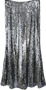 Carmen Marc Valvo Silver Sequin Maxi Skirt Sz L High Waisted Flare Evening Party - Picture 1 of 9