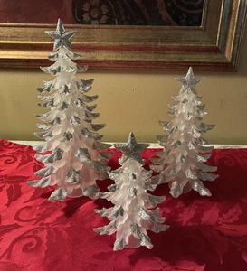 Vintage 3er Set Sterling Acryl weiß mit Silber Glitzer Weihnachtsbäume - Bild 1 von 13