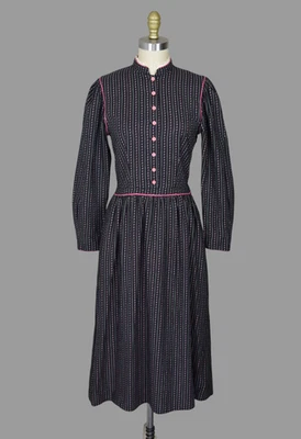 Vintage LANZ ORIGINALS Floral Stripe Print Black Pink Long Sleeve Dress Size XS - Image 1 of 4