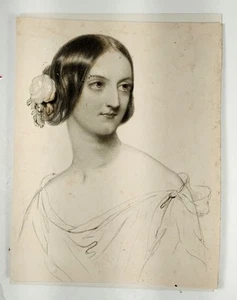 Woman Portrait Looking Over Shoulder With Flower n Her Hair Vintage Lithograph - Picture 1 of 3