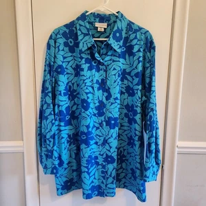 Jaclyn Smith Size 20 Linen Blend Blue Floral Button Down Top Shirt Long Sleeve - Picture 1 of 5