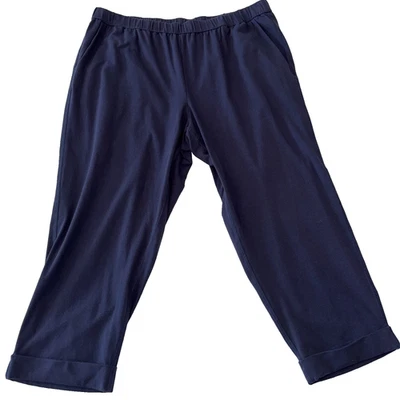 Eileen Fisher Organic Cotton Stretch Crop Pants Elastic Waist Women's L Navy USA - Image 1 of 4