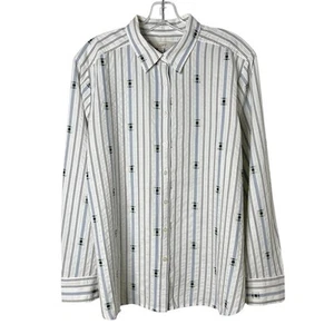 Loft Women's Button Up Shirt L White Striped Art Deco Embroidered 100% Cotton - Picture 1 of 7