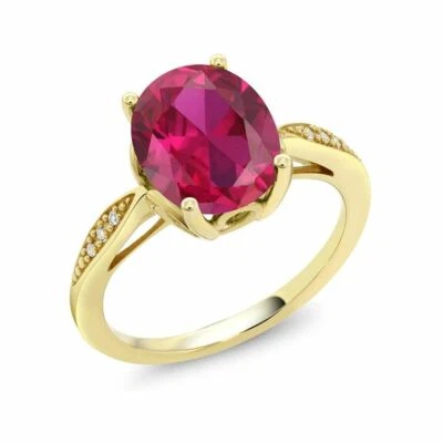 Simulated Ruby Engagement Ring with Diamond 14K Yellow Gold Women Jewelry Size 7 - Image 1 of 4