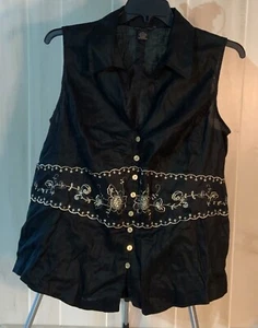 Anne Carson woman 2X 100% Linen top black floral embroidered sleeveless blouse - Picture 1 of 6