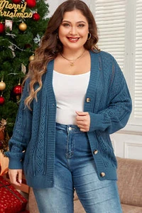 Real Teal Open Knit V Neck Button Front Drop Shoulder Plus Size Cardigan - Picture 1 of 8