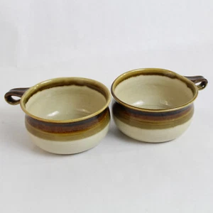 Mischia Di 2 Tazze Di Zuppa Smaltate Marrone Verde Beige In Ceramica - Foto 1 di 5