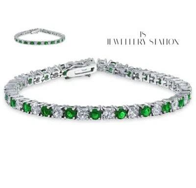 white gold finish round cut created diamond and emerald bracelet womens  - Image 1 of 3