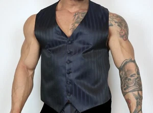 MEN'S SATIN STRIPE SHINY BUTTON VEST SIZE M - Picture 1 of 4