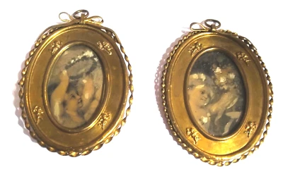 Pair (2) French Hanging Frames, Art Nouveau Style, Oval, Cherubs, Bows - Image 1 of 4