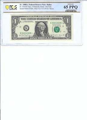 1988 $1 FRN FR1916-K* PCGSbnk 65 PPQ, Dallas * Note S/N K02210328*!!! - Image 1 of 2