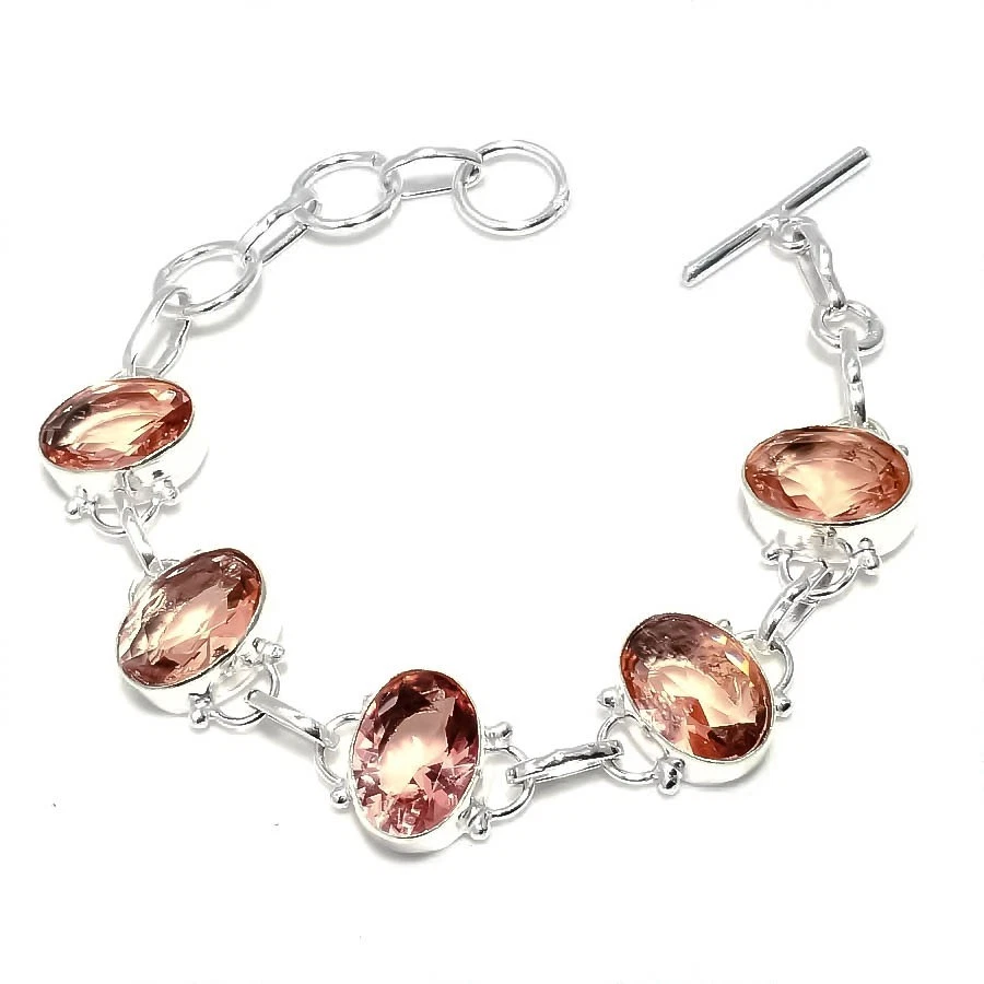 Brazalete de joyería de plata de ley 925 hecho a mano con piedras preciosas de morganita melocotón tamaño 7-8" Foto 1 de 1