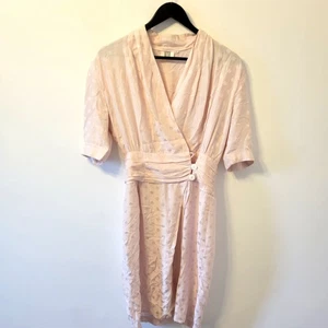 Vintage 100% Silk Midi Tea Dress Size 10 Pink Polka Dot 80s Boho Party Wedding - Picture 1 of 9