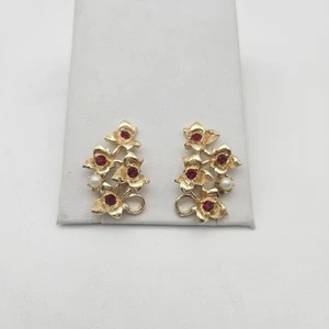 Vintage Coro Gold Tone Faux Pearl Red Rhinestone Flower Climber Clip Earrings - Picture 1 of 3