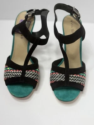 Via Spiga Black & Teal Suede Peep-Toe T-Strap Sandals – Size 9.5 - Image 1 of 4