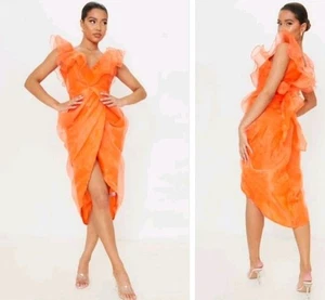 Splendido abito midi drappeggiato organza arancione da donna taglia 12 'Pretty Little Thing' - Foto 1 di 1