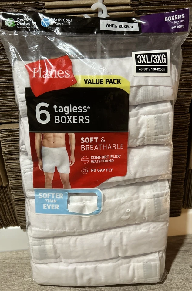 6-Pack HANES Men's 3XL Tagless Woven White Boxers Soft Breathable No Gap Fly
