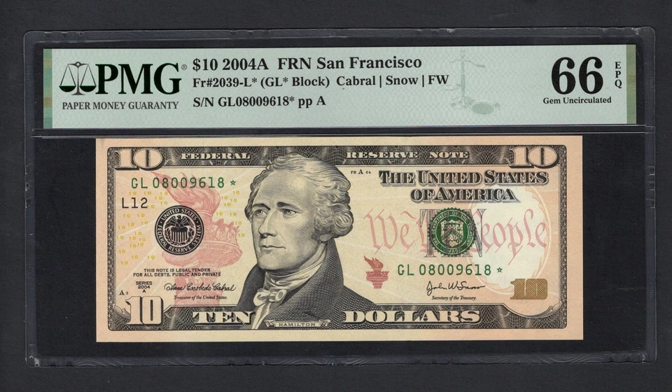 United States-Federal Res 10 Dollars 2004A Fr#2039-L* (GL* Block) UNC Grade 66 - Image 1 of 2
