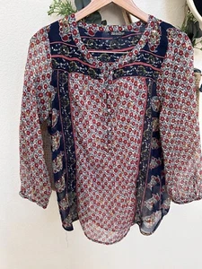 Lucky Brand Top Damen klein rosa Boho Blumenmuster Krawatte Langarm Bluse - Bild 1 von 16