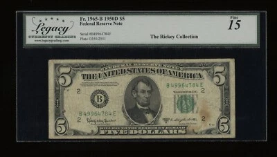 DBR 1950-D $5 FRN New York Fr. 1965-B Legacy 15 Serial B49964784E - Image 1 of 2