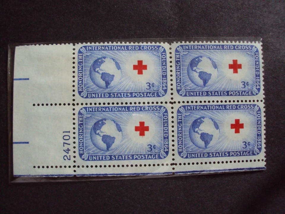 4 INTENATIONAL RED CROSS 3 CENT STAMPS (plate block) unused mint - Image 1 of 1