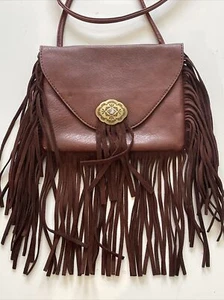 Anthropologie Street Level Fringe Purse Suede Leather Trim Brown Crossbody Boho - Picture 1 of 7