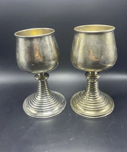 Antique Pair Sterling Silver Large Unusual Shaped Chalice Goblet Cups 439 Grams - Picture 1 of 12