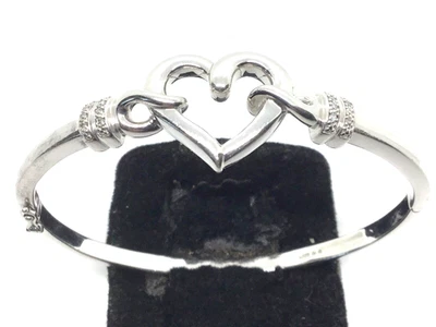 Sterling Silver 12 Natural Diamond Heart Bangle Hinged Open Style Heavy - Image 1 of 4